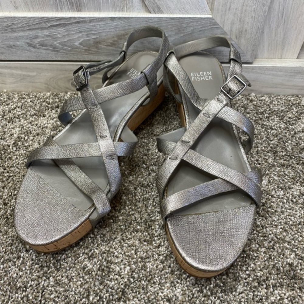 Eileen Fisher “Array” Strappy Cork Wedge Sandal 8 - image 1